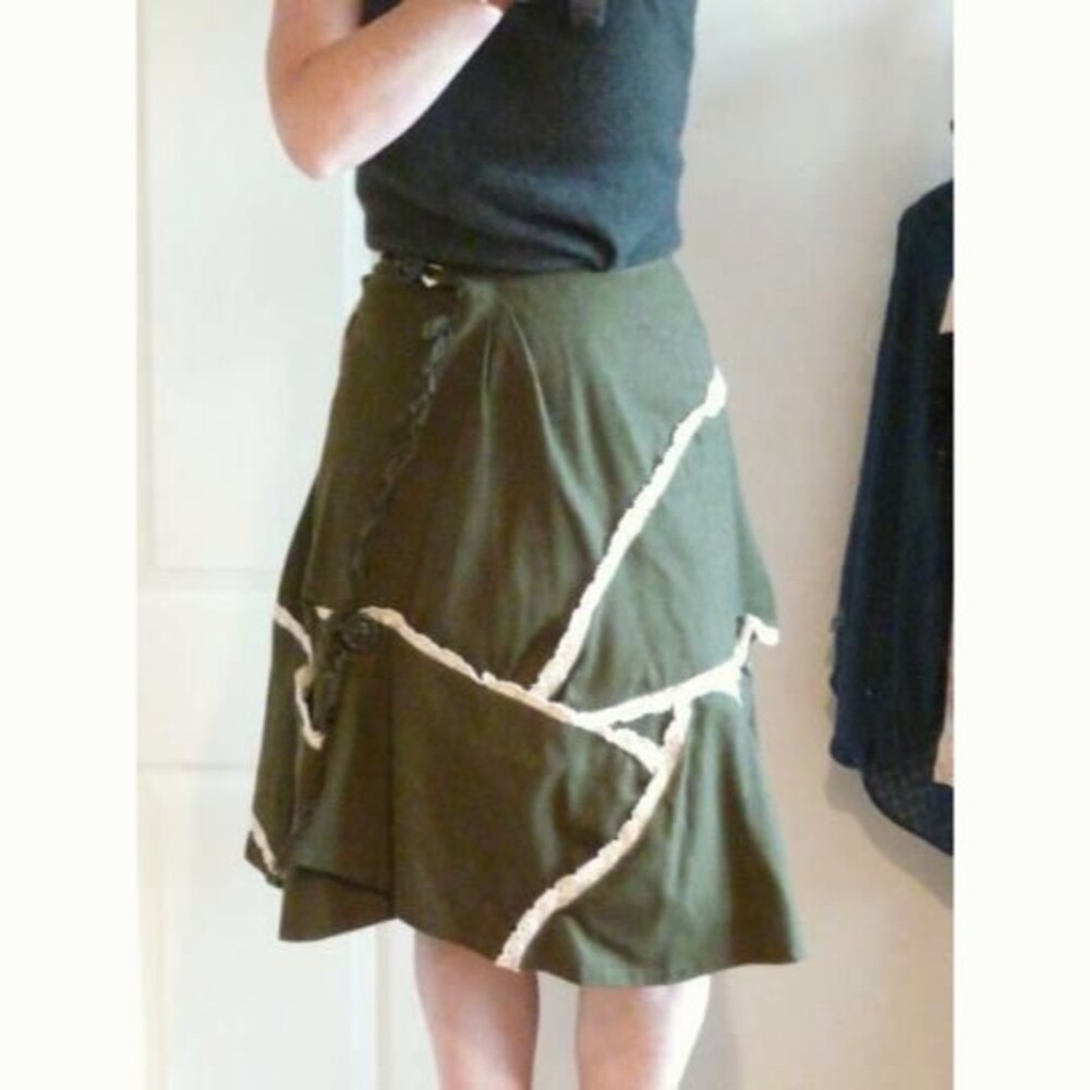 Romantic 3-D Wrap Skirt Khaki Green Wool Flannel lace trim upcycled DIY S-M-L
